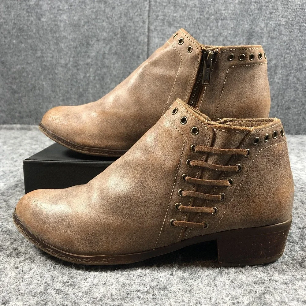 Minnetonka Womens 8‎ Brown Leather Studded Ankle Boots Zip Block Heel